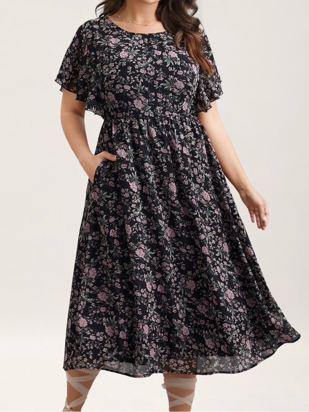 Bloomchic 18-20 women’s 2x floral black midi dress short flowy sleeves 2xl - Picture 1 of 9